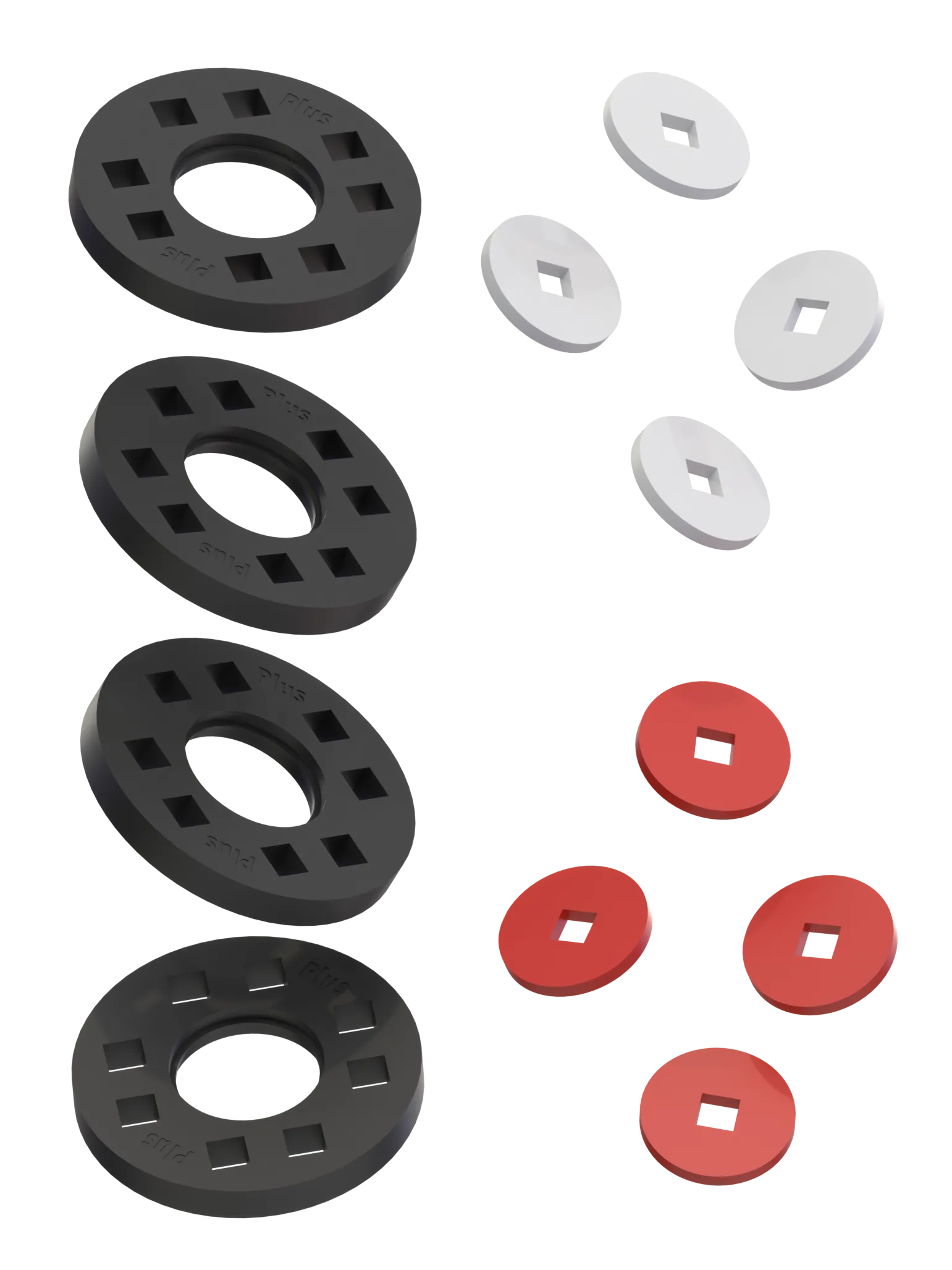 Hjul – 4 Svarta hjul med 4 vita och 4 röda navkapslar